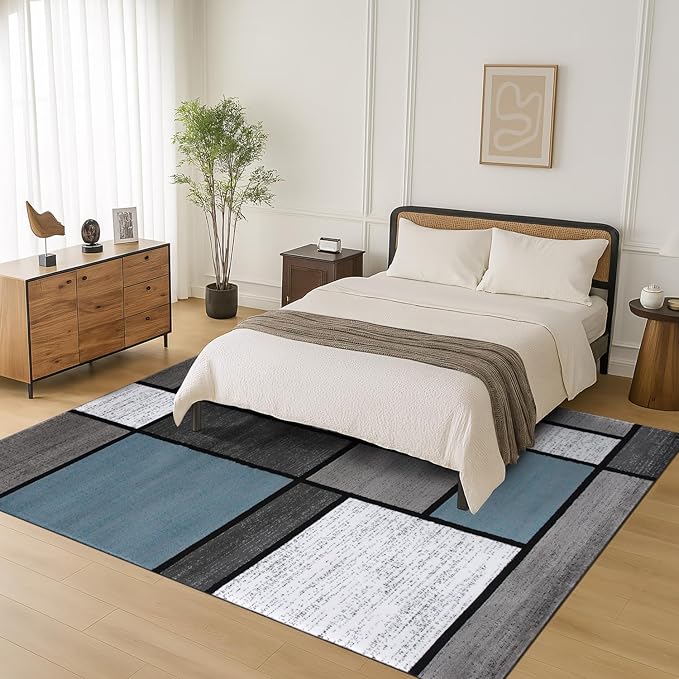 Rugshop Contemporary Modern Boxes for Home Office,Living Room,Bedroom,Kitchen Non Shedding Area Rug 6' 6" X 9' Blue/Gray