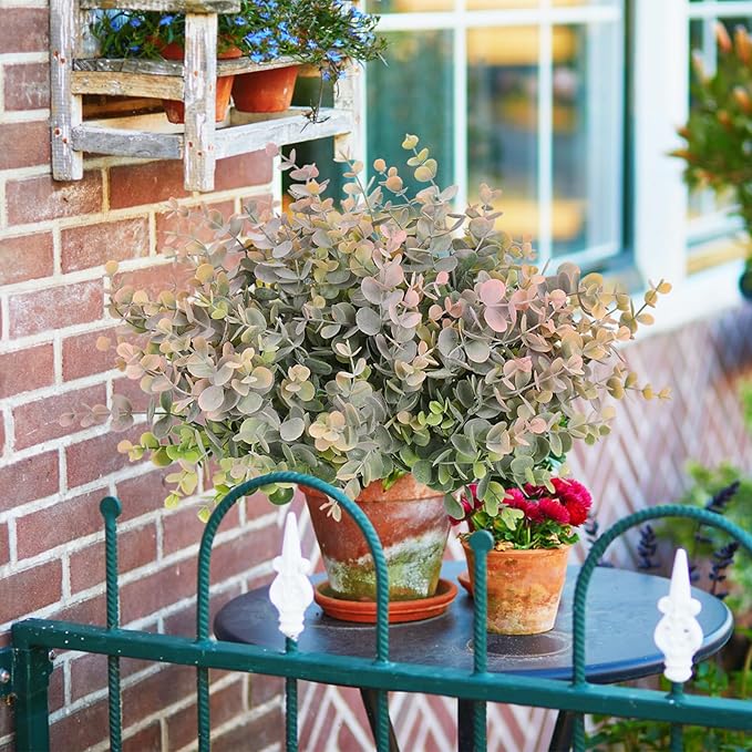 RECUTMS 8 Bundles Artificial Greenery Plants Stems Outdoor Fake Eucalyptus Plants Boxwood Bushes for Farmhouse Bathroom Office Vase Centerpiece Indoor Outdoor Decoration(Dusty Pink)