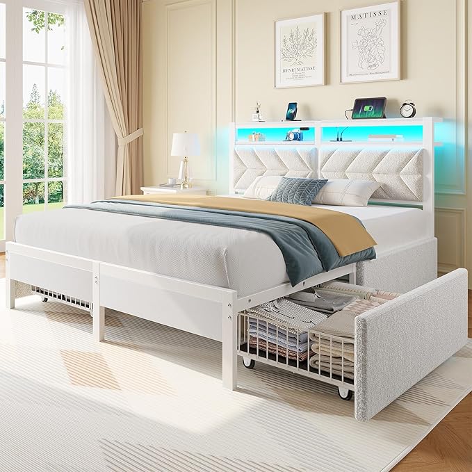 Seventable Full Size Bed Frame with 4 Storage Drawers, Charging Station & LED Lights, Upholstered Headboard with 2-Tier Shelves, Metal Platform Bed, No Box Spring Needed, Noise-Free, White