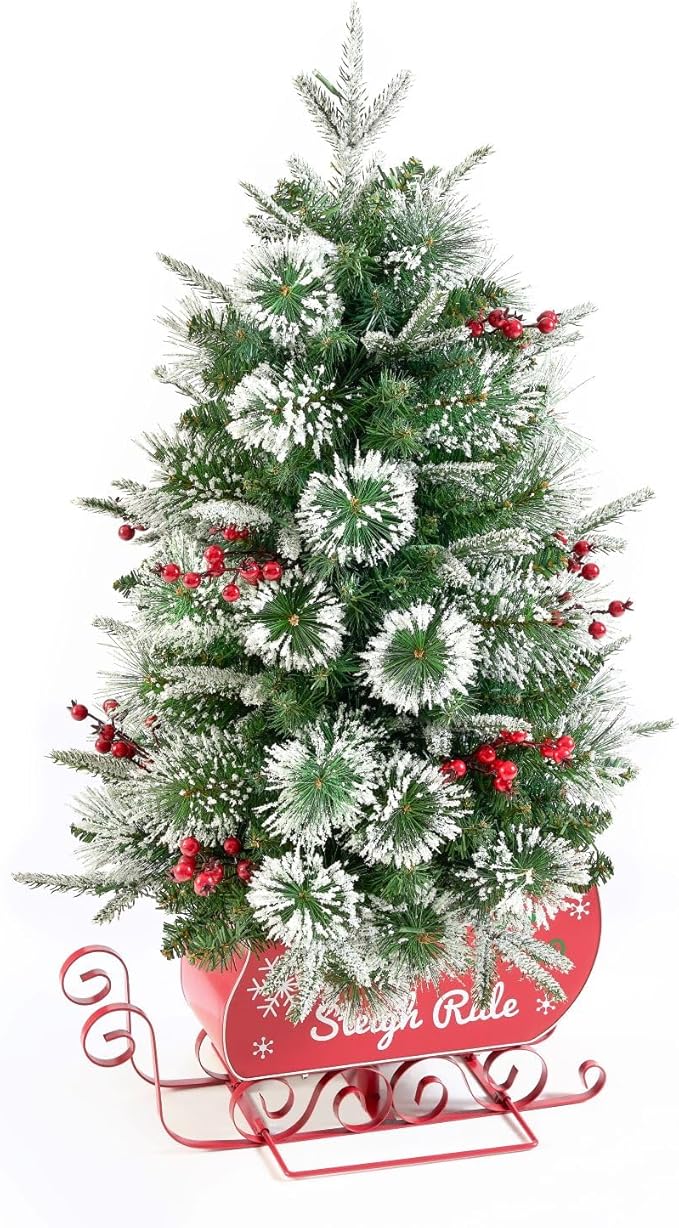 Small 3FT Pre-Lit Snow Flocked Christmas Tree with Twinkling Lights for Home Office Christmas Decor- Battery Operated & Timer (Sleigh Base)