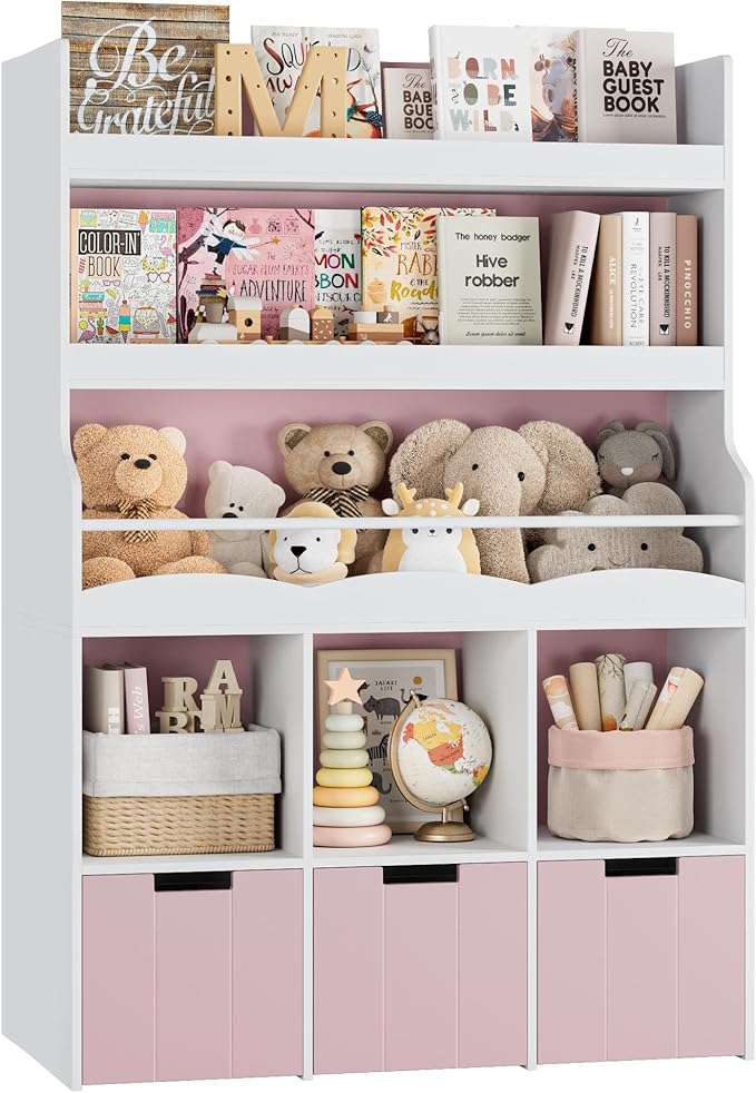 HITHOS 55.3"H Kids Bookshelf with Toy Storage Organizer, Tall Book Shelf with 3 Mobile Toy Storage Bins, Large Kids Bookcase with Toy Chest, 39.2"W Modern Toy Box for Kid Room, Playroom, Pink, White