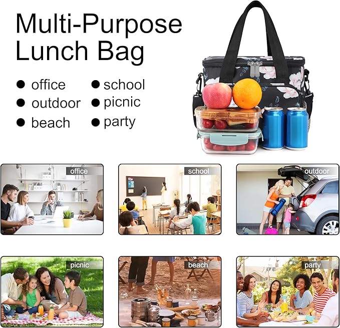 Femuar Lunch Bags for Women/Men, Insulated Lunch Bag for Work Office - Lunch Cooler Bag Leakproof Lunch Box with Adjustable Shoulder Strap - Pink flower