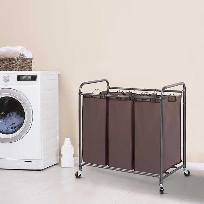 STORAGE MANIAC 3 Section Laundry Sorter, 35.9 Gal (136 L) Laundry Hamper Cart with Heavy Duty Rolling Lockable Wheels and Removable Bags, Clothes Organizer Basket Clothes Separator Hamper, Brown