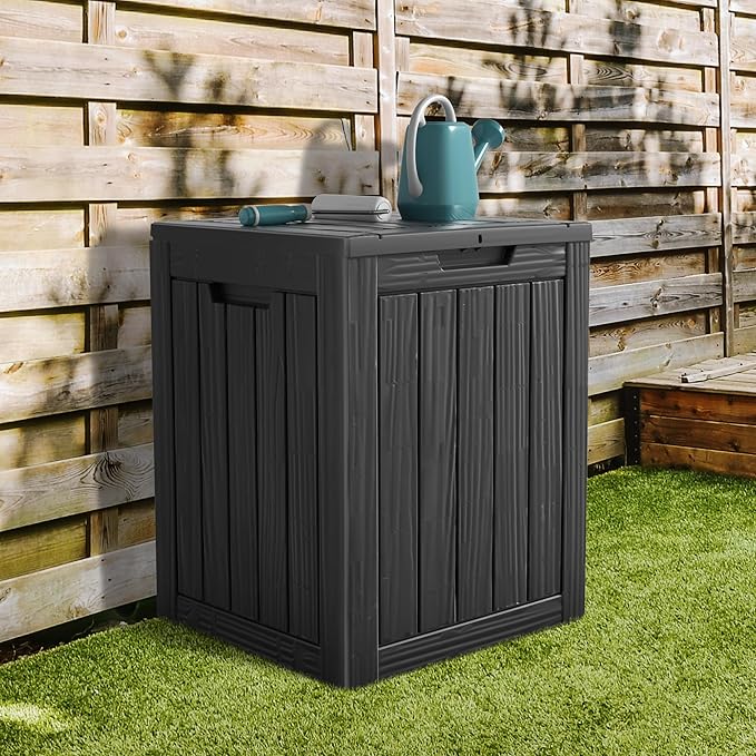 28 Gallon Waterproof Resin Deck Box, Lockable Outdoor Storage Box for Patio Furniture, Garden Tools, UV Resistant, and Multi-Functional (Black)