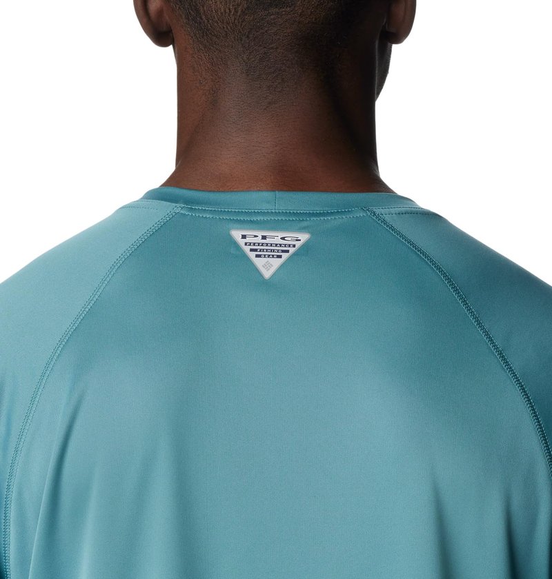 Columbia Men's Terminal Tackle Long Sleeve Fishing Shirt, Tranquil Teal/Orange Reef Logo, XX-Large