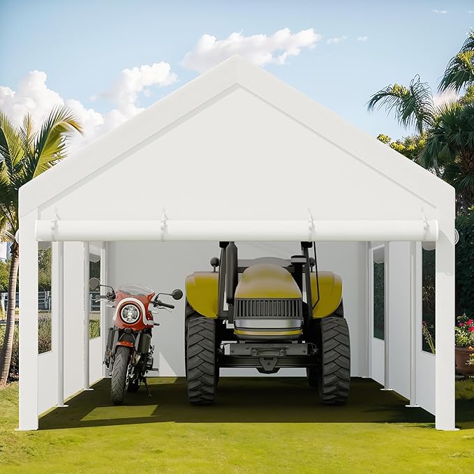 JY QAQA Carport, 12x20 FT Heavy Duty Carport Reinforced Steel Poles with Removable Sidewalls & Doors,Roll-up Windows Car Canopy with Sandbags and All-Season Tarp for Car Boat Truck Motorcycle/White