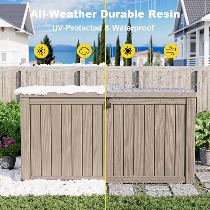 Vixzen 150 Gallon Resin Deck Box, Lockable Outdoor Storage Box for Patio Cushions Storage Furniture,Garden Tools, Pool Supplies, Weatherproof and UV Resistant- Light Brown