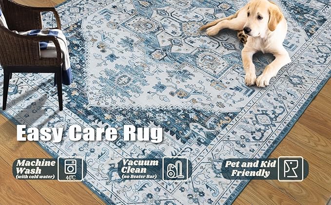 8x10 Area Rugs for Living Room, Machine Washable Non Slip Vintage Retro Rugs, Low Pile Lightweigt Chenille Print Indoor Rug for Bedroom, Dining Room, Home Office (Blue Gold Cream 8X10)…