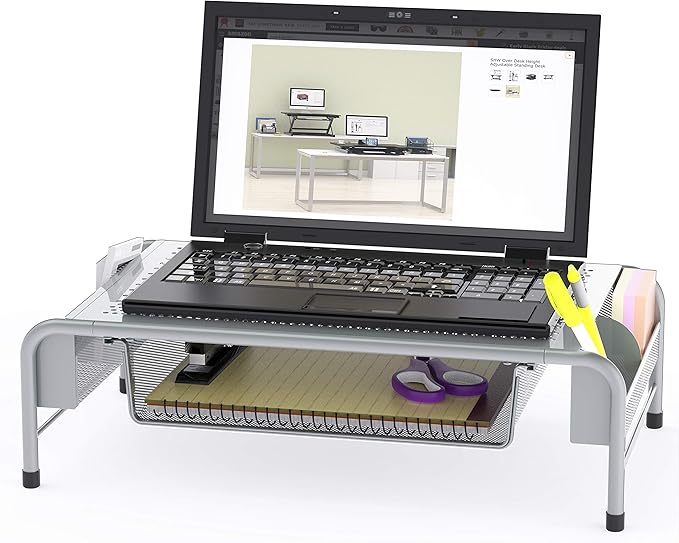 Simple Houseware Metal Desk Monitor Stand Riser with Organizer Drawer, Silver