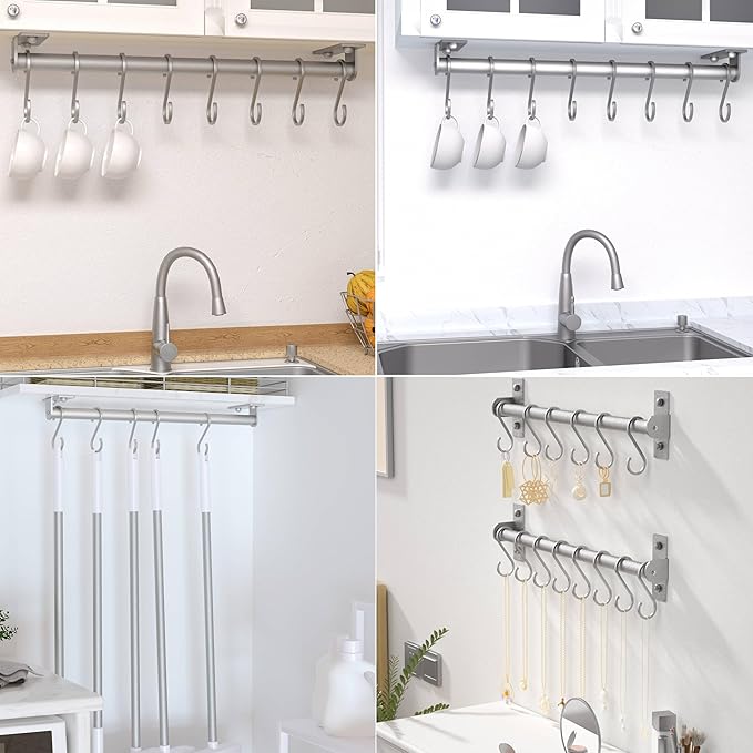 Dseap Kitchen Utensil Holder Hanger, Pot and Pan Rack Wall Mounted, Kitchen Rail with 8 Hooks for Hanging Cooking Utensils, Mugs, Spoons, Wall Mounted, Silver, Pack of 2