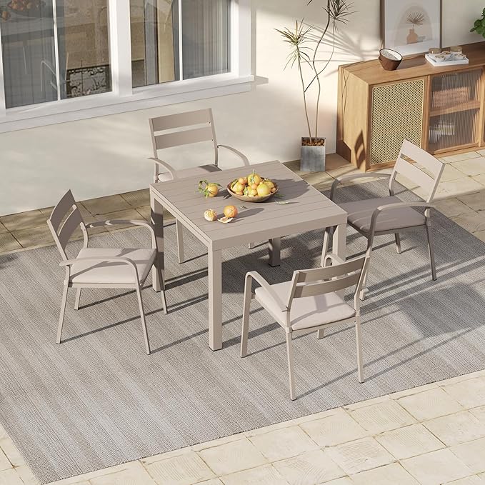 Soleil Jardin Aluminum Patio Extendable Dining Table, 35" - 71", Adjustable Indoor Outdoor Furniture Rectangle Table for 4-6 Person Porch Deck Garden, Flaxen