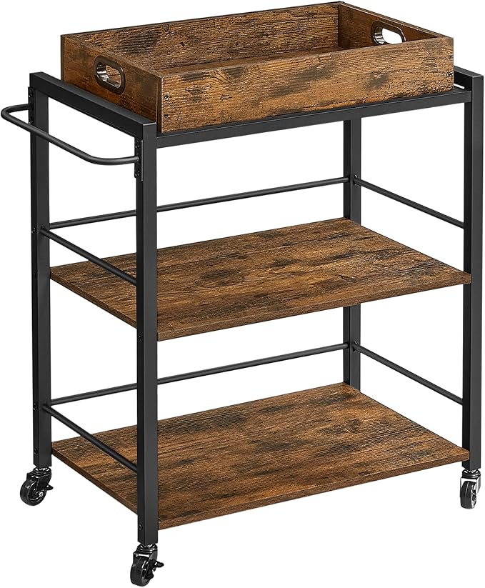 VASAGLE Kitchen Serving Cart with Removable Tray, 3-Tier Kitchen Utility Cart on Wheels with Storage, with Brakes, Leveling Feet, 15.7 x 28.3 x 33.9 Inches, Rustic Brown and Black ULRC72X
