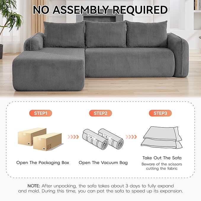 103'' Boneless Corduroy L Shaped Couch, 3 Seat Modular Sectional Deep Seat Sofa with Chaise Lounge, No Assembly Cloud Lounge Sleeper Sofa, Grey