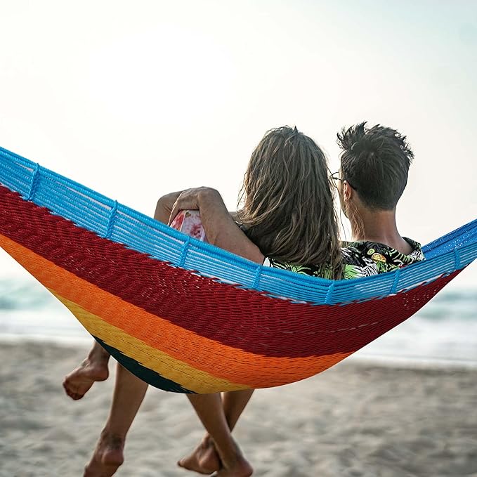 Lazy Daze Hammocks Handwoven Mayan Hammock, 10.5 FT Soft Rope Double Hammocks, Portable Outdoor Hammock with Carry Bag, 2 Straps & carabiners for Patio Outside, 550 lbs Weight Capacity, Rainbow