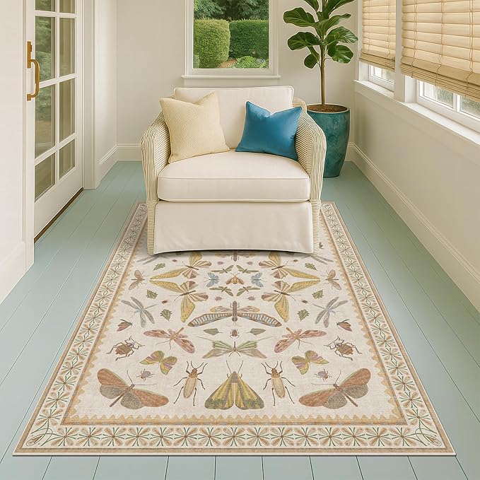 Floral 4x6 Rugs for Small Living Room - Beige and Yellow Pastel, Low Pile Non Slip Stain Resistant Throw Rug for Under Bed, Large Entryway, Kitchen, Floor Carpet Aesthetic Kids