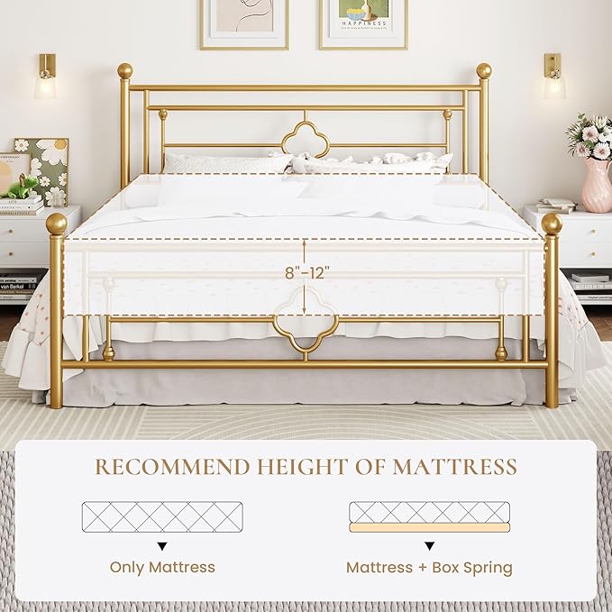 SHA CERLIN 14 Inches King Size Metal Platform Bed Frame/Vintage Iron-Art Headboard and Footboard/Mattress Foundation for Storage/No Box Spring Needed/Noise-Free/Easy Assembly/Gold