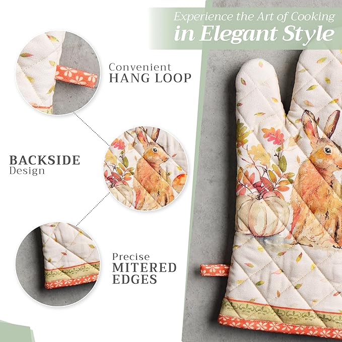 Maison d' Hermine Oven Gloves 100% Cotton Oven Mitt 7" x 13" with Loop Heat Resistant BBQ Cooking Gloves for Thanksgiving Christmas Decorations Baking Handling Hot Pans (Pack of 1, Pumpkin Passion)