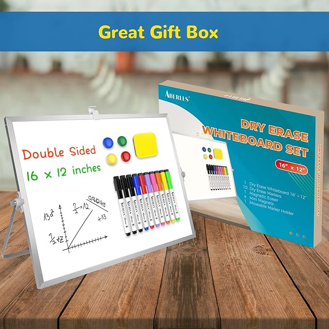 Dry Erase White Board, 16inX12in Large Magnetic Desktop Whiteboard with Stand, 10 Markers, 4 Magnets, 1 Eraser, Portable Double-Sided White Board Easel for Memo to Do List Desk Office
