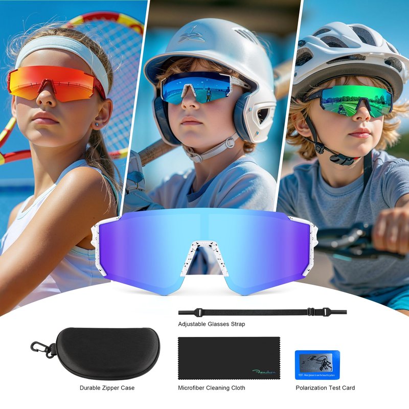 Fanshen Kids Baseball Sunglasses for Boys Girls Ages 3-12, Sports Polarized Youth Baseball Softball Sunglasses UV Protection (Red/Grey)