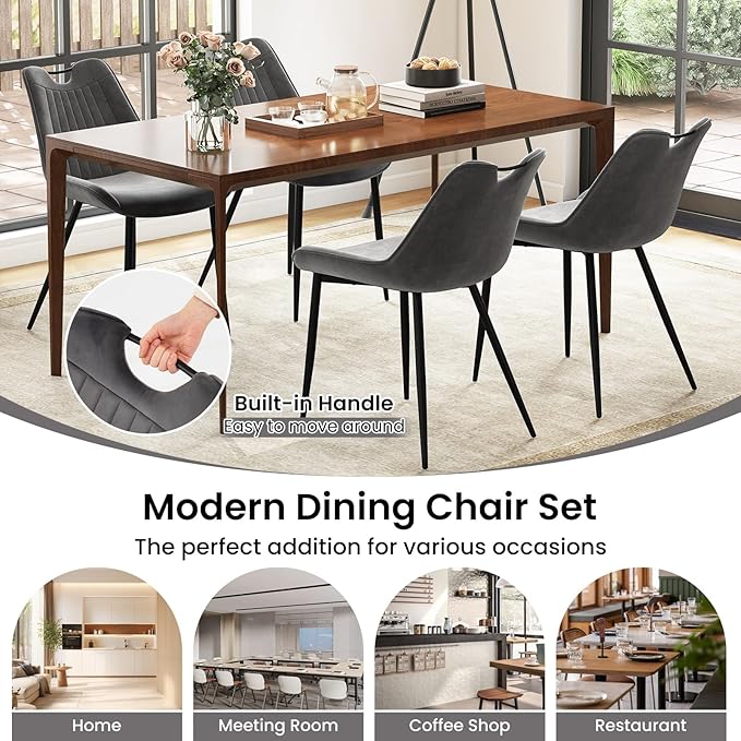 Giantex Dining Chairs Set of 4, Soft Velvet Upholstered Kitchen Dining Room Chairs w/Handle, Metal Legs, Curved Back, Modern Armless Accent Side Chair for Living Room, Restaurant (Velvet Gray)