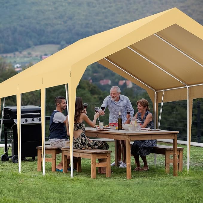 10x20FT Heavy Duty Carport Canopy with Sturdy Frame, Portable Waterproof and UV-Resistant Garage Shelter, Adjustable Height for Car, Boat, Outdoor Storage and Parties Yellow