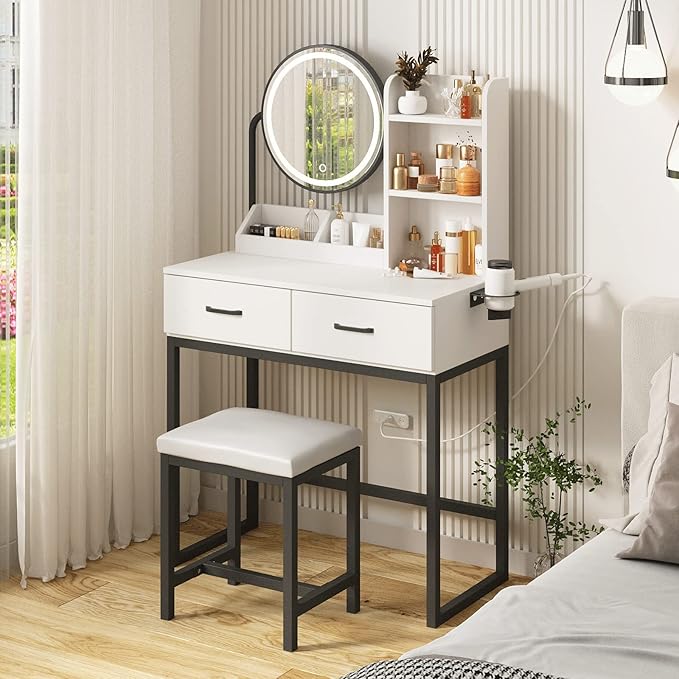 Makeup Vanity Desk with Mirror and Lights, Cute Vanity Makeup Table, Small Vanity Table for Bedroom with Lots Storage, 3 Lighting Modes, 31.5in(L)