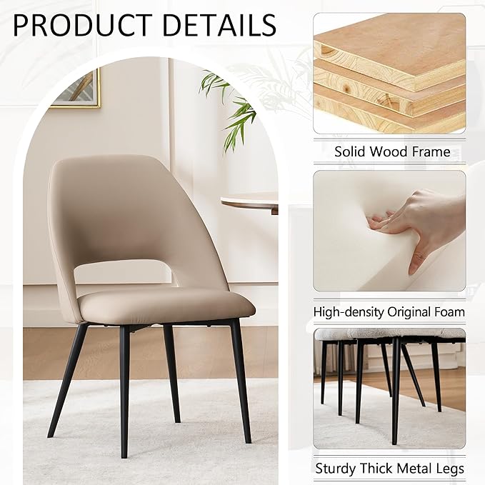 Rowill Dining Chairs Set of 6, Mordern Upholstered Faux Leather Dining Room Chairs, Kitchen Side Chairs with Metal Legs for Guest Reception Waiting Living Room, Khaki