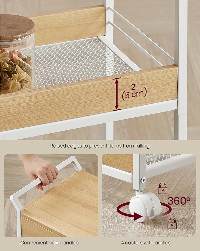 VASAGLE Storage Cart, 4-Tier Rolling Utility Cart with Table Top, Handles, 4 Lockable Casters, Top Drawer, Mesh Shelves, for Kitchen, Bathroom, Bedroom, Golden Oak and Cloud White ULRC049N01