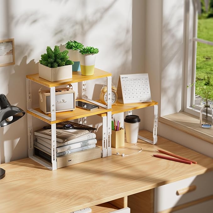 Wobmmi Kitchen Cabinet Organization Shelf,Set of 2 Height Adjustable Storage Racks,Stackable,Expandable,Countertop Shelves Organizer,Pantry Shelving(1PACK/Large/White)