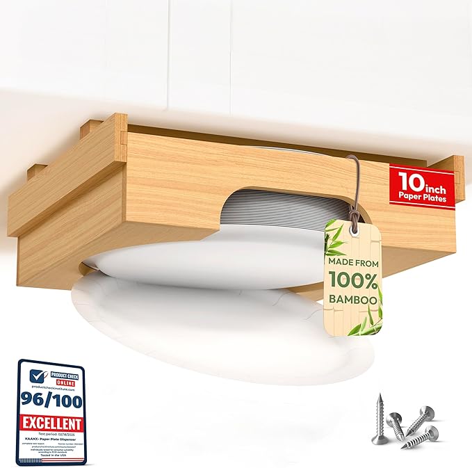 10 inch Paper Plate Dispenser Holder Bamboo Under Cabinet Vertical Rack for Kitchen Countertop Organizer Space Saver Shelf Lid Holder Counter Storage Can Dispenser Pantry Aid Caddy Estante