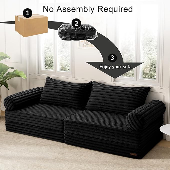 MeMoreCool Convertible Sofa Bed, Folding Floor Couch Bed Queen, Pull Out Sleeper Couch with Pillows, Fold Out Futon Sofa for Bedroom Living Room Small Space, Corduroy Black