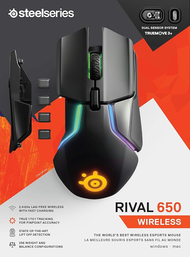 SteelSeries Rival 650 Quantum Wireless Gaming Mouse - Rapid Charging, 12,000 Cpi Dual Sensor, 256 Weight Configs, 8 Zone RGB Lighting