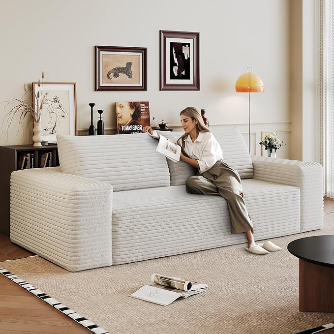 Cloud Loveseat Sofa, Modern Corduroy 2-Seater Couch with Deep Seat, No Assembly Required Memory Foam Sofa, Boneless Sofa in a Box for Bedroom, Apartment, Office,Small Space (White,70.8in)