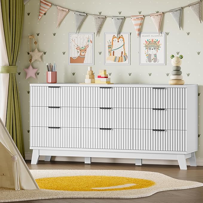 63" Long Dresser for Bedroom, 9-Drawer Fluted Dresser, Extra-Wide Wood Chest of Drawers with Smooth Metal Slides, Stable Base, Modern Clothes Storage Cabinet for Living Room, Hallway, Nursery