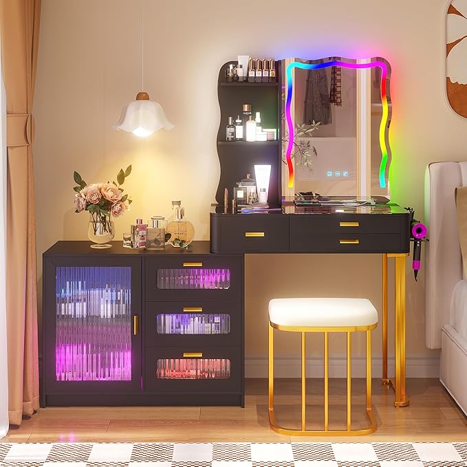 RGB Makeup Vanity Desk with Wireless Charging Station,7 Dynamic and 7 Static Dimmable Vanity Table with Glass Desktop,Vanity Mirror with Lights Desk and Chair,8 Drawers,Stool