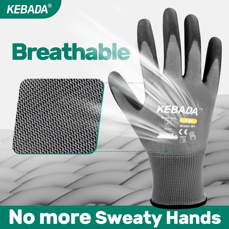 Kebada W1 Work Gloves for Men and Women, PU Coated Safety Gloves with Grip, Touchscreen, Ideal for Warehouse Package Handling, Construction, Gardening, 12 Pairs Gray Large