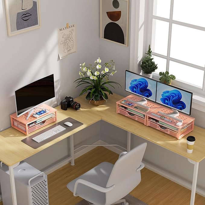 gianotter Computer Monitor Stand Riser, office organizer with Drawer, Office Organizers Storage for Classroom Office Supplies (Rose)