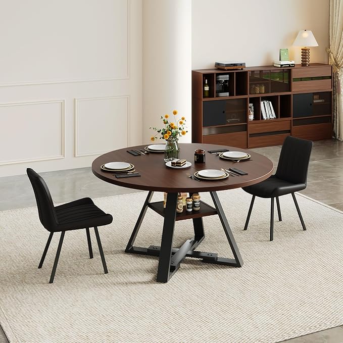 45.3" Walnut Round Dining Table Set with 4 Chairs – Mid-Century Modern Small-Space Kitchen & Dining Room Furniture for Apartment or Breakfast Nook