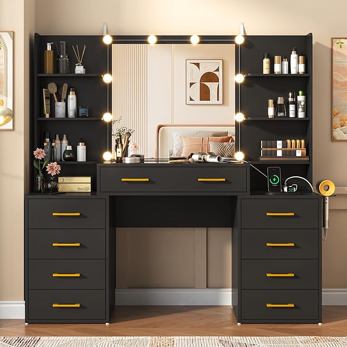 55 in Glass Top Vanity Desk with Mirror and Lights, Large Vanity Makeup Mirror Desk with Charging Station Compartment Storage Drawers, Modern Makeup Vanity with 9 Drawers 6 Shelves, Black