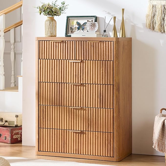 LEYAOYAO Fluted 6 Drawers Dresser for Bedroom Set of 2, 42" Tall Modern Chest of Drawers with Metal Handle, Curved Profile Design,Brown Wood Drawer Organizer for Bedroom, Living Room, Hallway