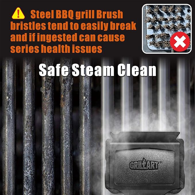 GRILLART Grill Brush Bristle Free. SteamWizards BBQ Replaceable Cleaning Head, Seamless-Fit Scraper Tools for Cast Iron/Stainless-Steel Grates Griddle, Safe Barbecue Grill Cleaner Brush-Dark Black