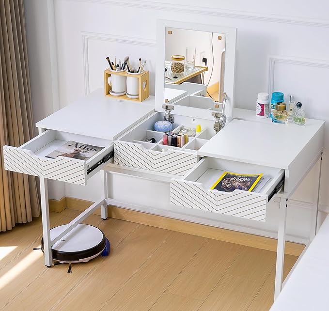 TEKAMON 47" Makeup Vanity Desk with Mirror,Girls Vanity Dressing Table for Bedroom, Wood Home Office Desk with 2 Drawers, Writing Study Desk with Cable Management, White
