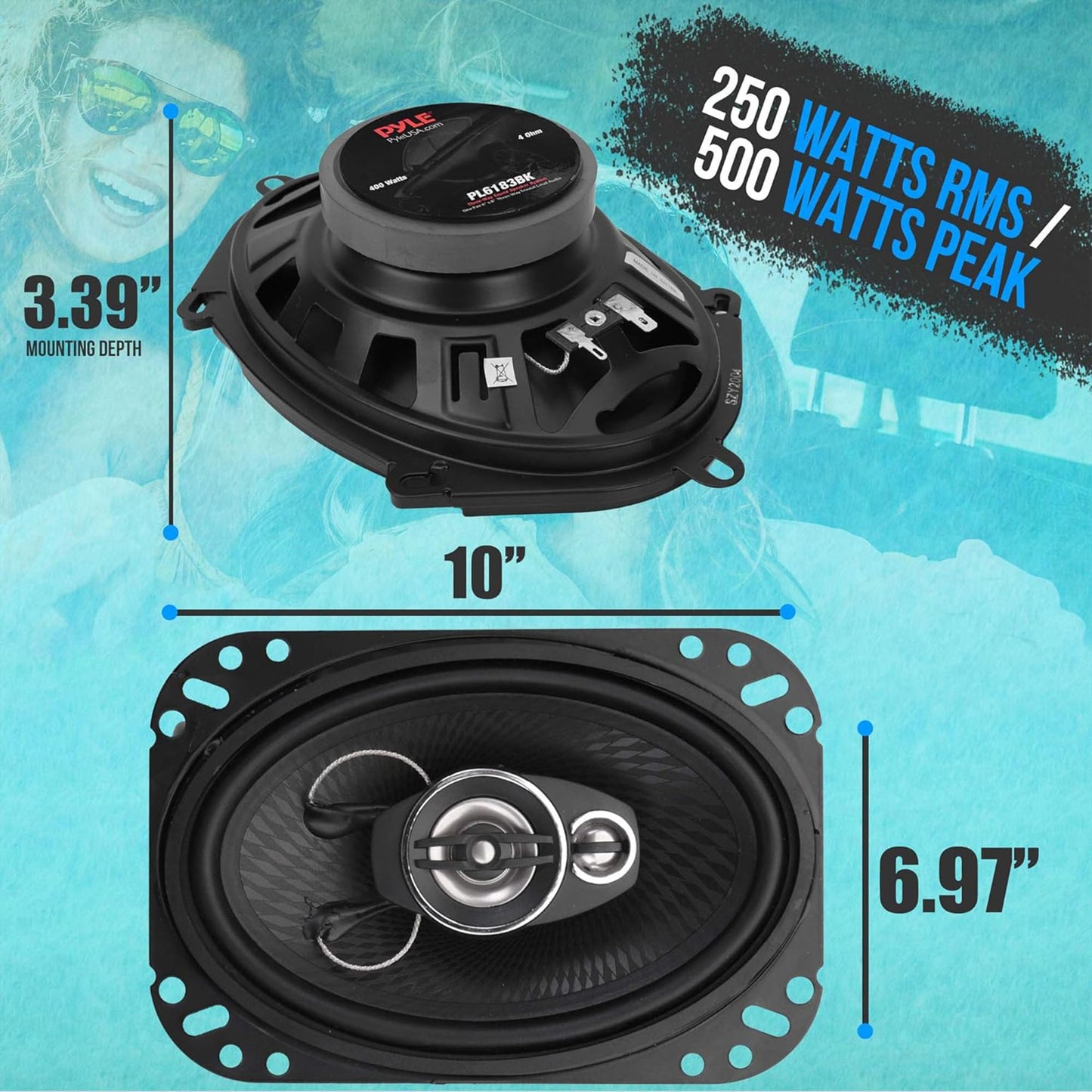 Pyle 4 Way 6x9 Inch 500 Watt Quadriaxial Loud Pro Audio Universal Quick Replacement Component Sound Speaker with Non-Fatiguing Butyl Rubber (Set of 2)