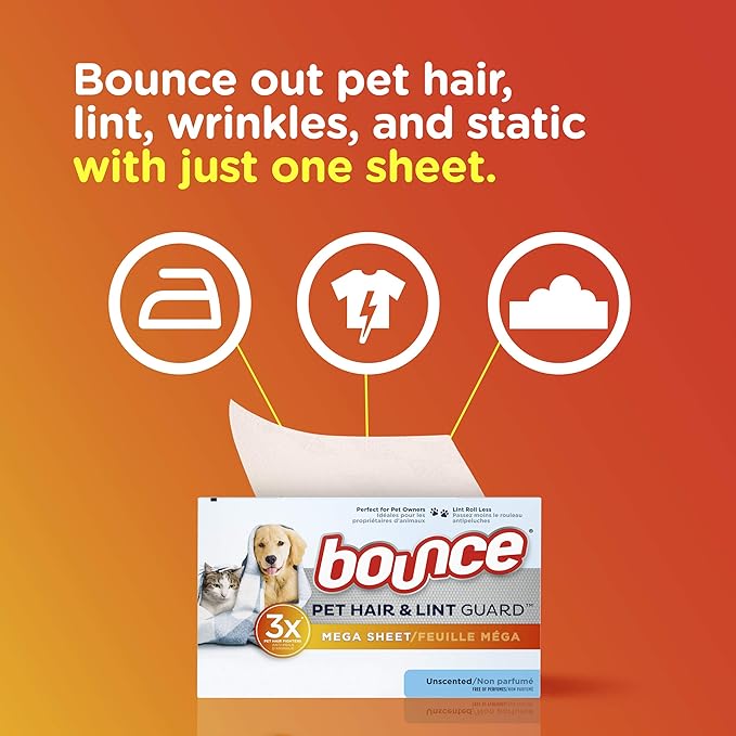 Bouce Bounce Pet Hair and Lint Guard Mega Dryer Sheets for Laundry, Fabric Softener with 3X Pet Hair Fighters, Unscented, Hypoallergenic, 120 Count