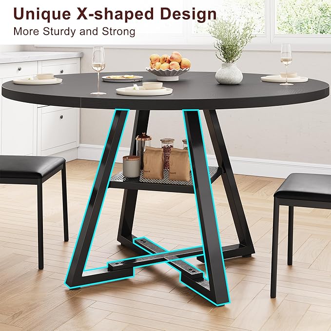 51'' Round Dining Table for 6,Kitchen Dining Room Circle Dinner Pedestal Table,Space Saving Wood Kitchen & Dining Room Furniture (Black, 51In)