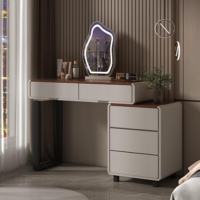 Vanity Desk with Mirror and LED Lights| Small Makeup Table with 5 Drawers and Adjustable Storage Cabinet| Modern Space-Saving Dressing Table for Bedroom(Walnut Top with White Base)