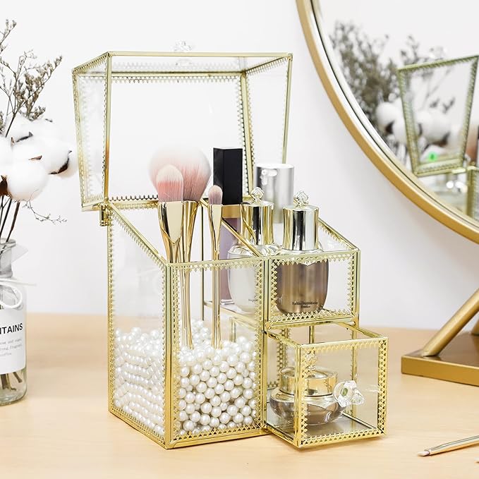 Vintage Makeup Organizer Gold Glass Brush Holder with Lid Storage Dustproof Cosmetics Case with Pearls for Vanity Decoration Jewelry Nail Brush Lipstick