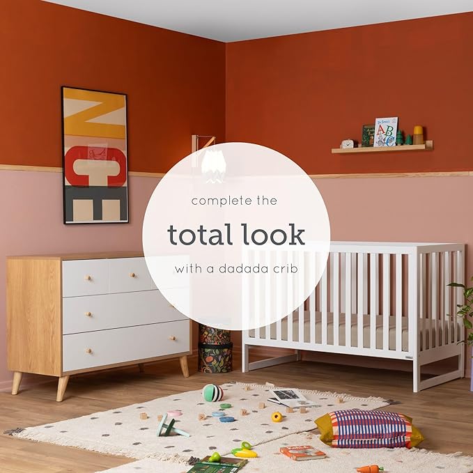 dadada Austin 5-Drawer Dresser for Nursery and Bedroom - Modern Design, Large Storage, Baby-Safe Finish, Anti-Tip Safety, Solid Wood Feet, Durable Construction (White+Natural)
