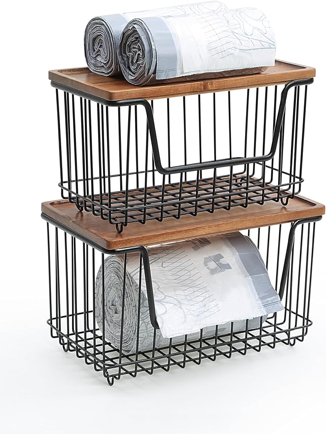 SunnyPoint Set of 2 Kitchen, Laundry & Pantry Storage Organizers – Stackable Bins with Acacia Wood Top, Large Trash Bag Holder & Standard Garbage Bag Dispenser (Acacia, BLK)