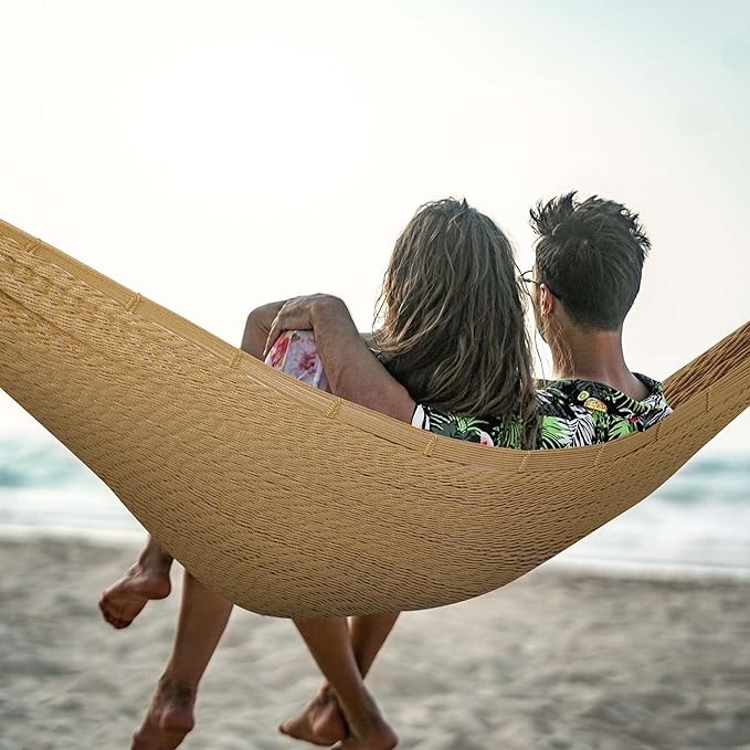 Lazy Daze Hammocks Handwoven Mayan Hammock, 10.5 FT Soft Rope Double Hammocks, Portable Outdoor Hammock with Carry Bag, 2 Straps & carabiners for Patio Outside, 550 lbs Weight Capacity, Tan